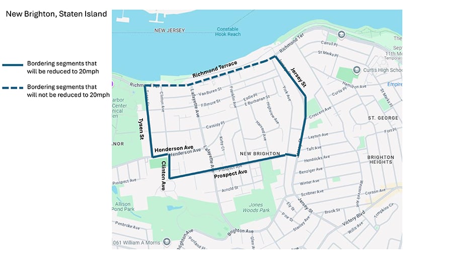 La comunidad de New Brighton, adyacente a la terminal del ferry, operará bajo el nuevo esquema de 20 mph en sus vías internas