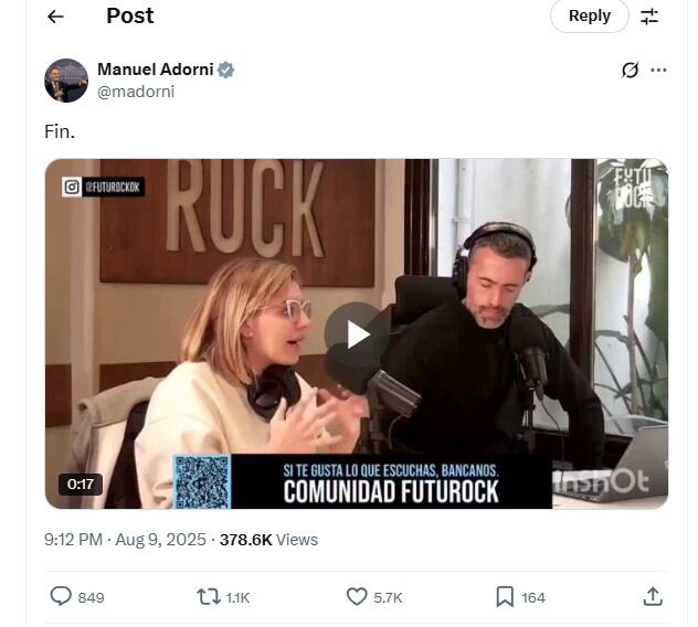 El vocero presidencial, Manuel Adorni, compartió el video editado en X el sábado 9 de agosto a las 21:12