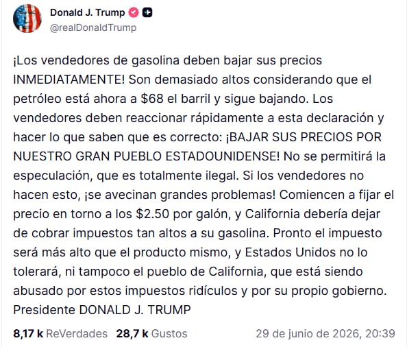 La publicación de Trump donde pide que bajen los precios de la gasolina