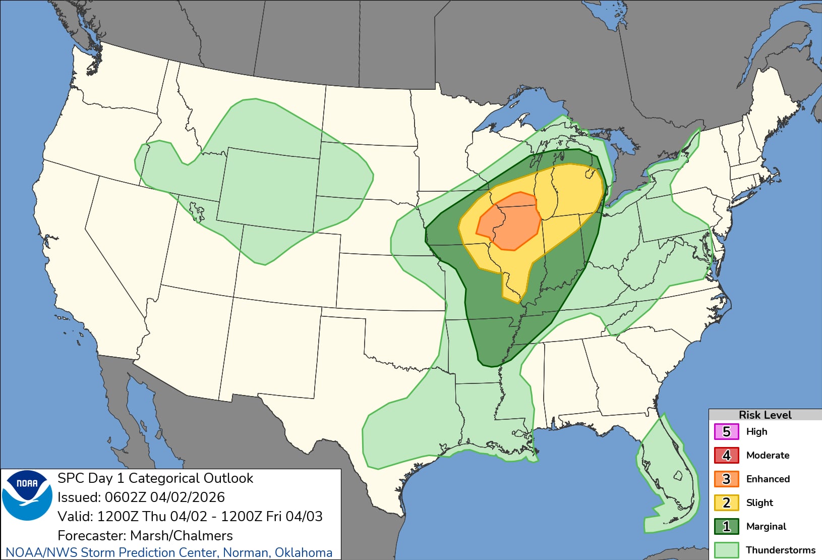 El Centro de Predicción de Tormentas (SPC) activó un Riesgo Mejorado para el este de Iowa, norte de Illinois y el sur de Wisconsin, ante la alta probabilidad de fenómenos destructivos durante la tarde