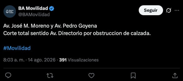 El posteo de BA Movilidad respecto a la circulación en la zona