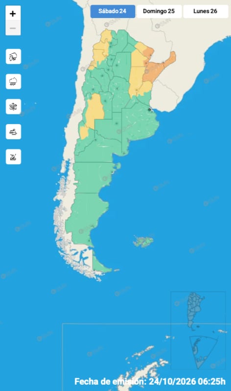 Hay alerta naranja y amarilla por tormentas, vientos y Zonda para este sábado 24 de octubre: las provincias afectadas 6 El mapa de alertas del SMN para este sábado