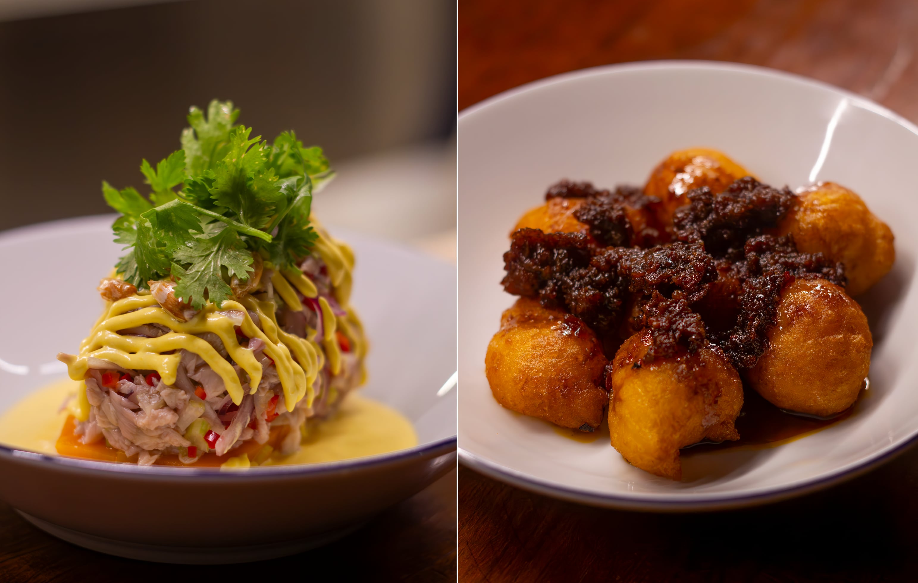 Dos clásicos del menú: boniato, ceviche de gírgolas, crema de ají amarillo y maíz chuspillo y los