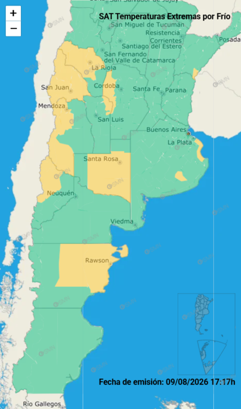 Rige una alerta amarilla por frío extremo en varias provincias del país
