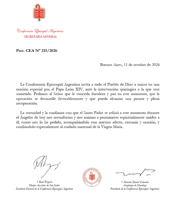 El comunicado de la Conferencia Episcopal Argentina sobre la operación del papa