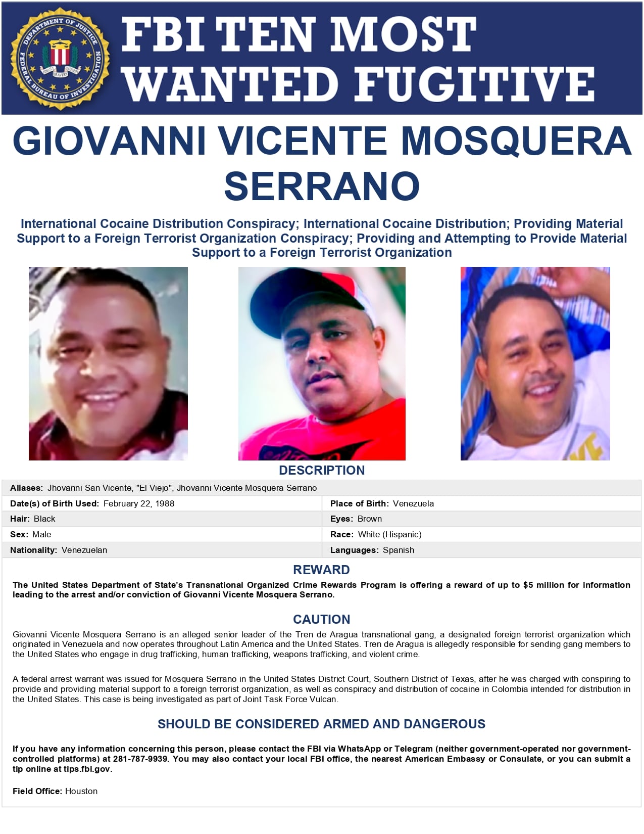 Giovanni Mosquera aparece en la lista de los más buscados por el FBI