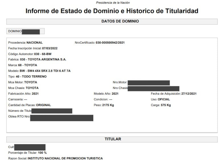 El informe de dominio del vehículo que usa Adorni