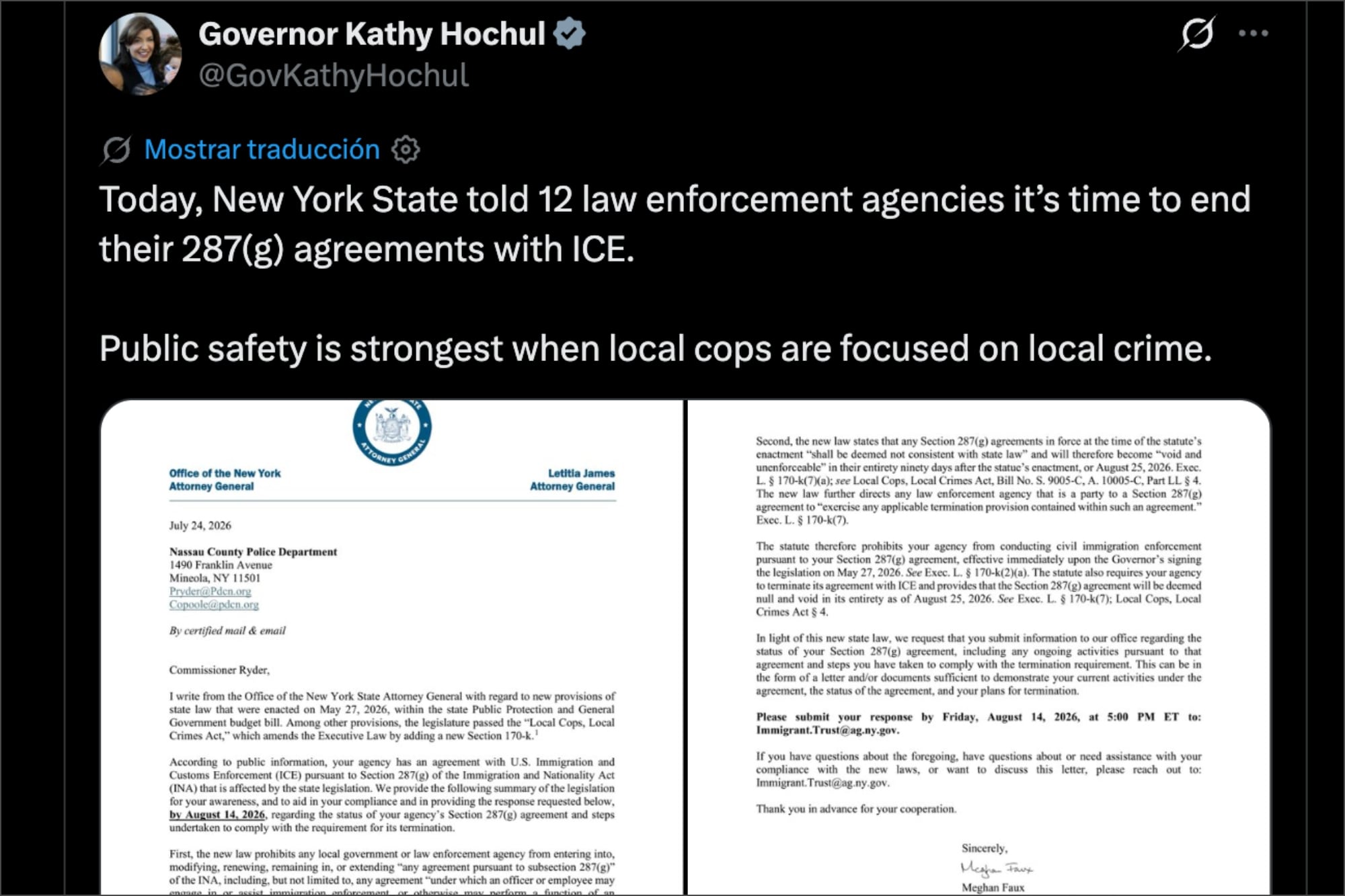 Hochul se dirigió a 12 agencias locales de Nueva York y sostuvo: