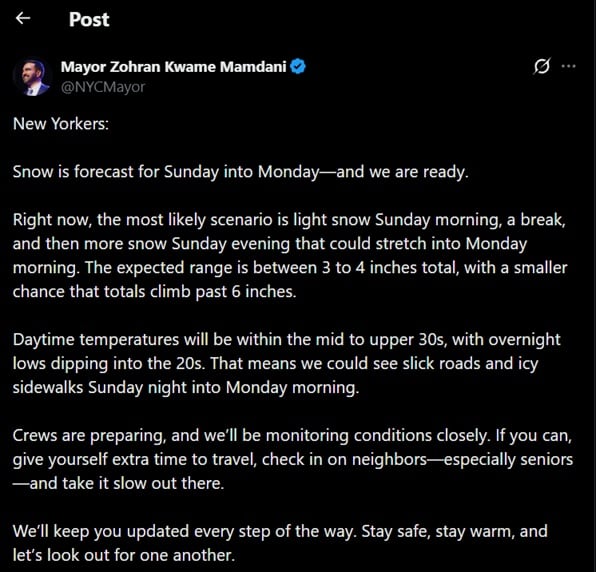 Mamdani advierte a los residentes de Nueva York sobre la llegada inminente de una tormenta invernal prevista para el domingo y lunes