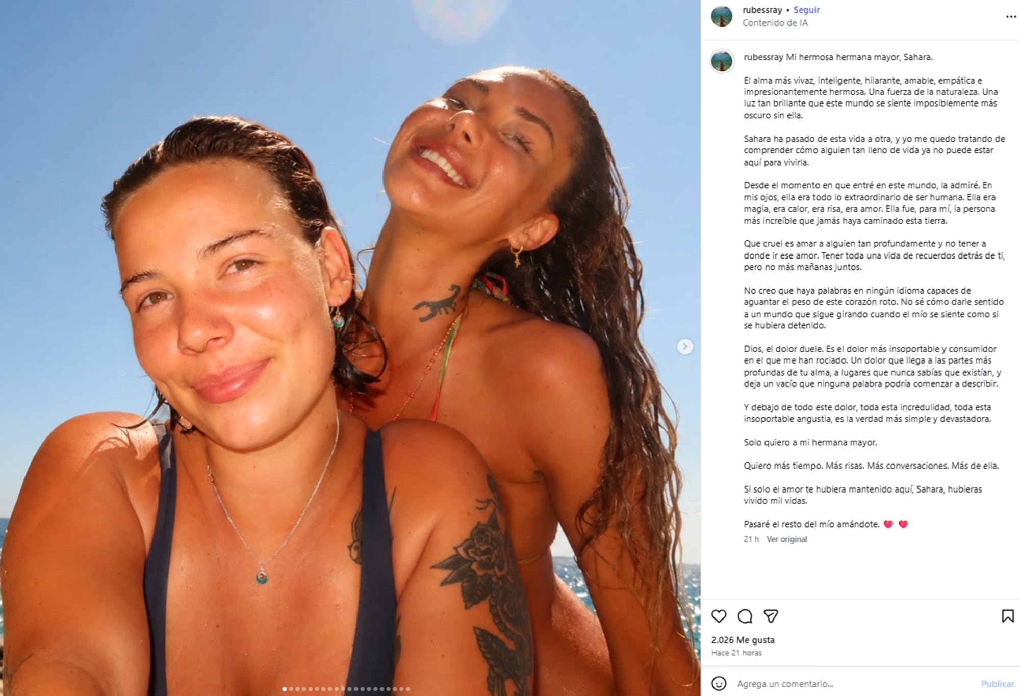 Ruby Ray despidió a su hermana Sahara con una desgarradora carta y un carrete de imágenes desde pequeñas