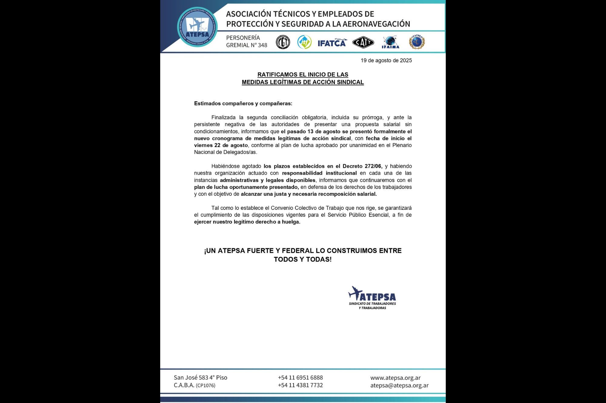 El comunicado del sindicato