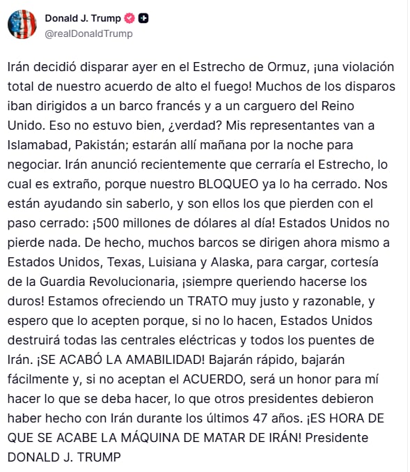 El posteo de Trump en Truth social.