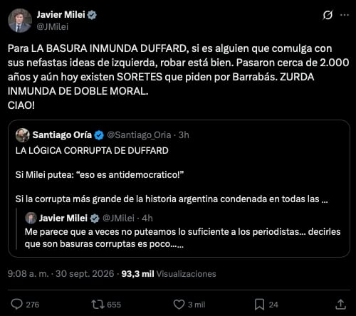 Uno de los insultos de Milei contra Duffard