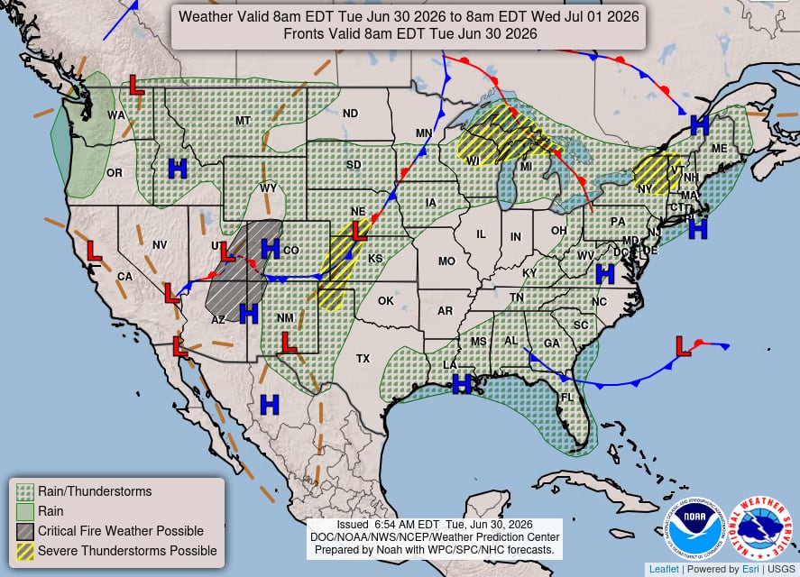 Ante el desplazamiento de un frente frío desde las Grandes Llanuras hacia los Grandes Lagos, el Centro de Predicción de Tormentas alertó sobre la formación de tormentas capaces de generar granizo de gran tamaño y ráfagas de viento destructivas