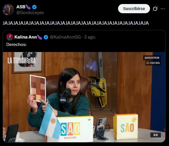 Desde el streaming oficialista Carajo, el abogado Alejandro Sarubbi Benítez propuso “esterilizar” a los bonaerenses o tirarles napalm 6 La influencer Kalina levanta un cartel que referencia el tono de piel acorde para
