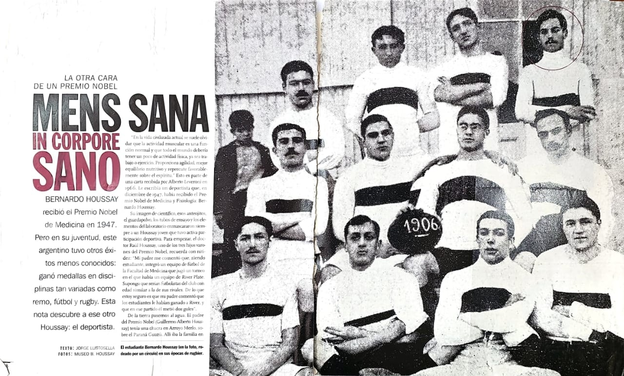 El premio Nobel Bernardo Houssay, a los 19 años, tras ganar la regata de cuatro remos largos con timonel en mayo de 1906, representando al Club de Regatas La Marina