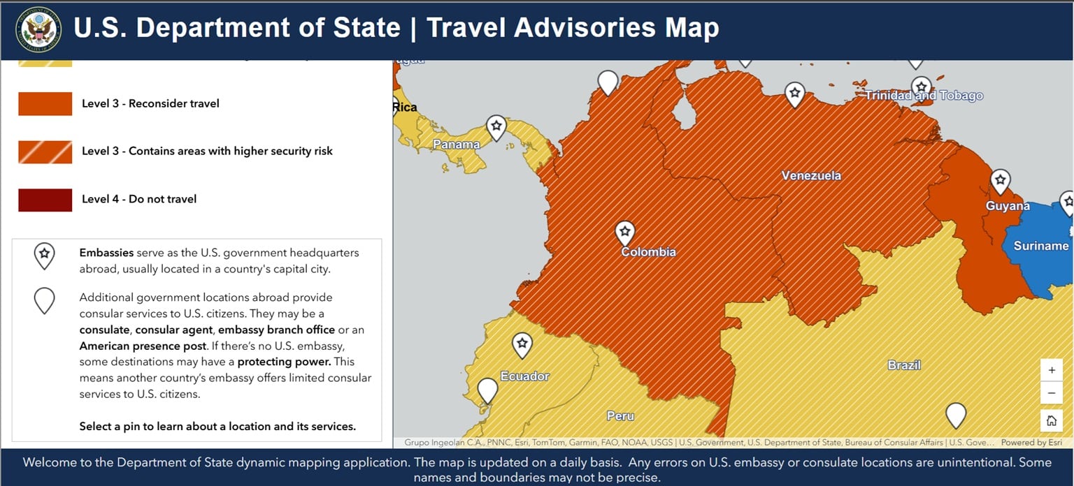 Estados Unidos prohíbe o desaconseja terminantemente el viaje a Arauca, Cauca (excluyendo Popayán), Valle del Cauca (excluyendo Cali) y Norte de Santander