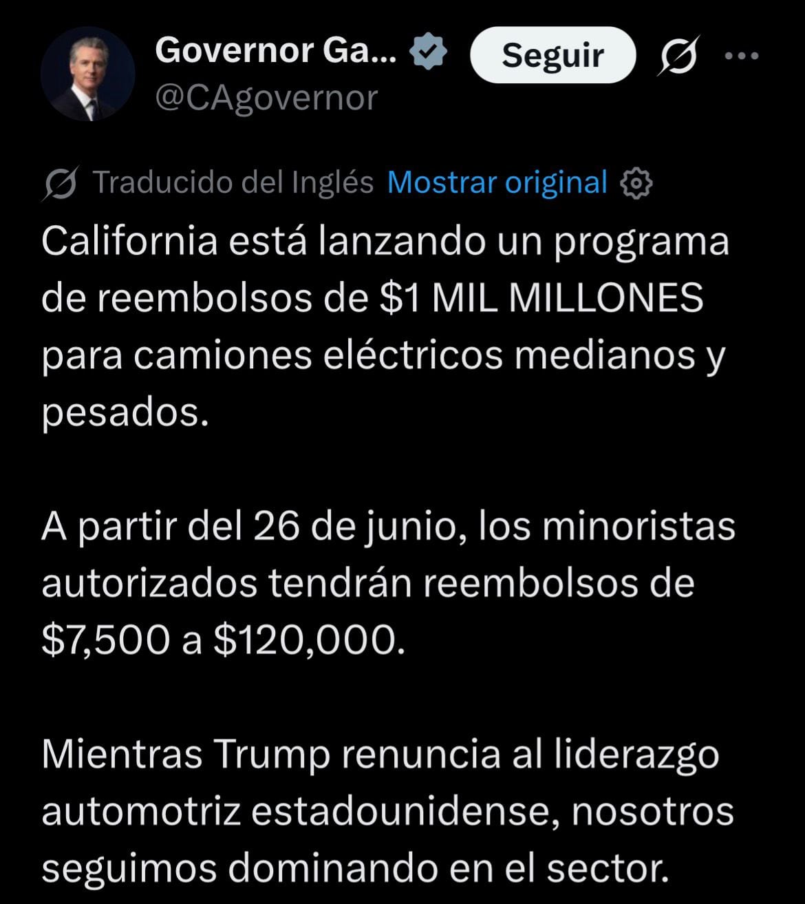 La orden de Newsom en California que podría beneficiar a Elon Musk: US$1000 millones para vehículos eléctricos 7 El mensaje de Gavin Newsom para Donald Trump sobre los reembolsos en California