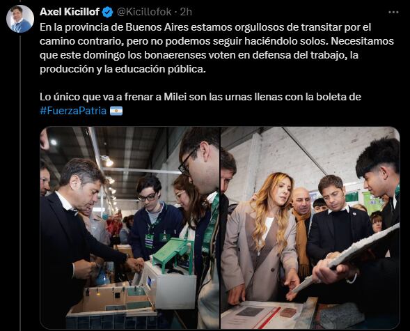 Uno de los últimos posteos del gobernador bonaerense antes de las elecciones