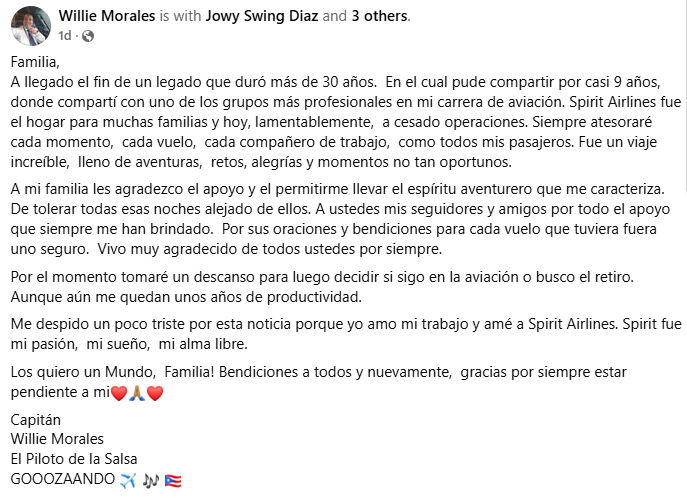 Willie Morales trabajó por casi nueve años como piloto en Spirit Airlines