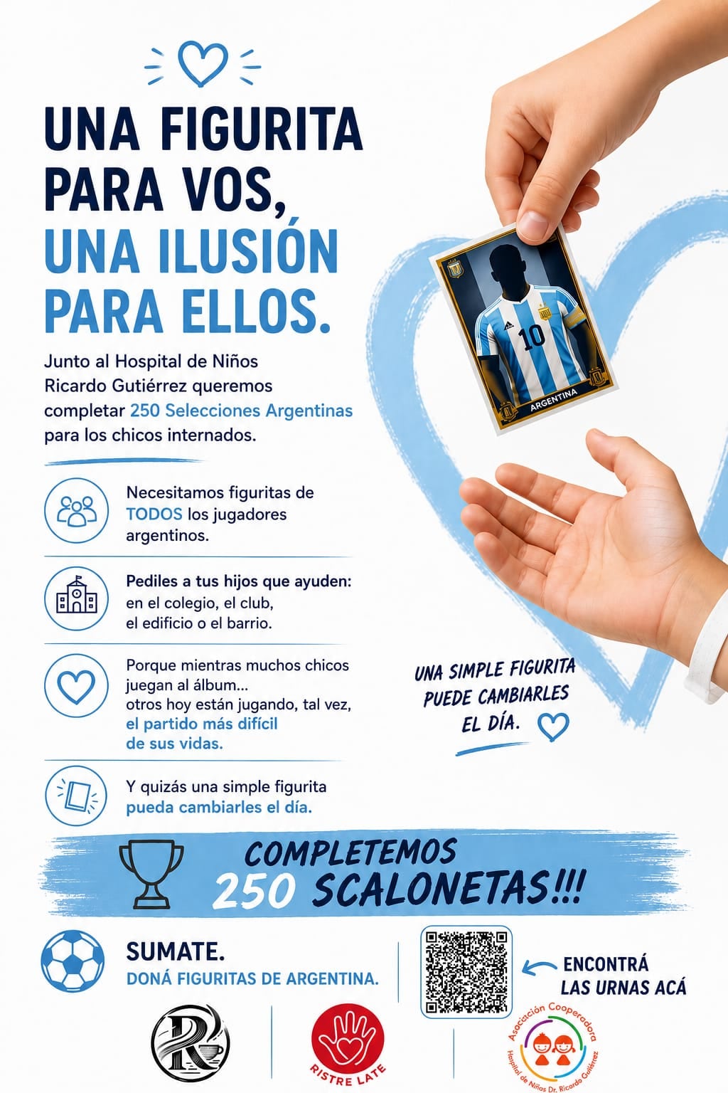 La campaña busca reunir figuritas de la Selección Argentina para los chicos internados en el Hospital Ricardo Gutiérrez