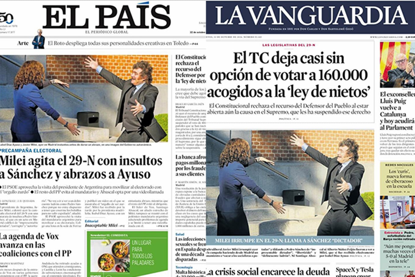 Milei, en la tapa de los diarios de España: polémica, insultos y un efusivo abrazo