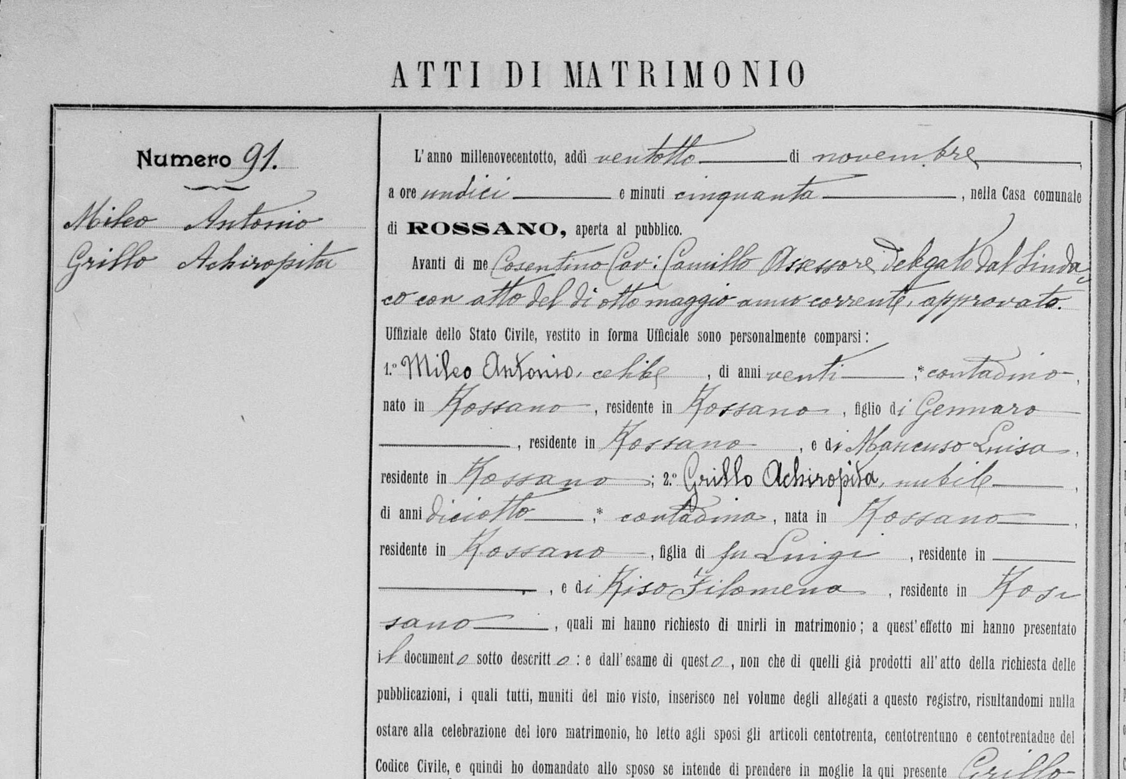 El matrimonio de los bisabuelos del Presidente Milei: Antonio Mileo y Achiropita Grillo. Se casaron en Rossano en 1908