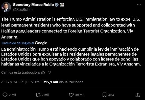 El secretario de Estado de EE.UU. dio a conocer la medida en sus redes sociales