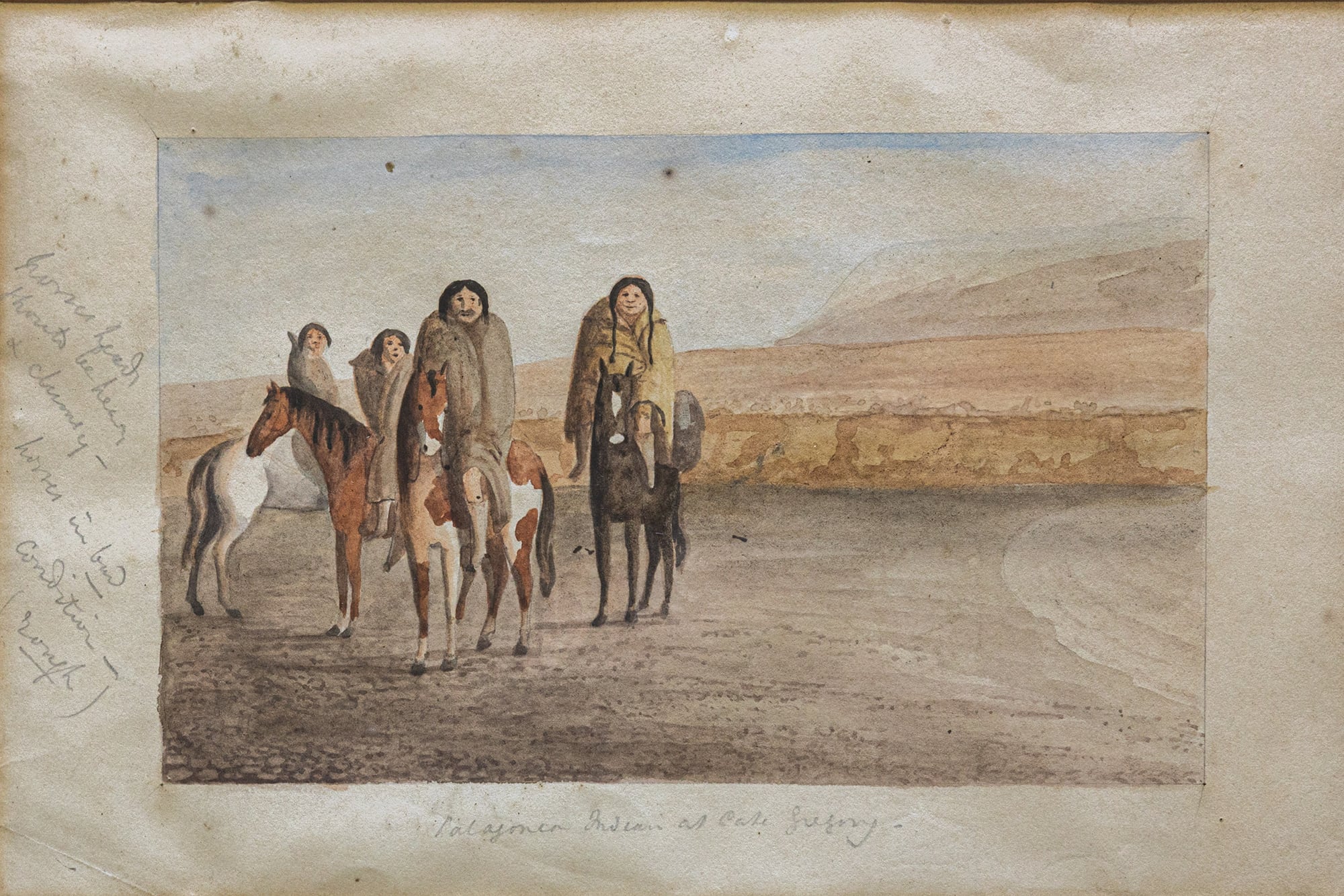 Paisajes con historia. Vinos que a través de sus etiquetas recuerdan el paso de Darwin por la Patagonia 7 Ilustración de los tehuelches a caballo, con la corrección de FitzRoy sobre el margen izquierdo, en que aclara que