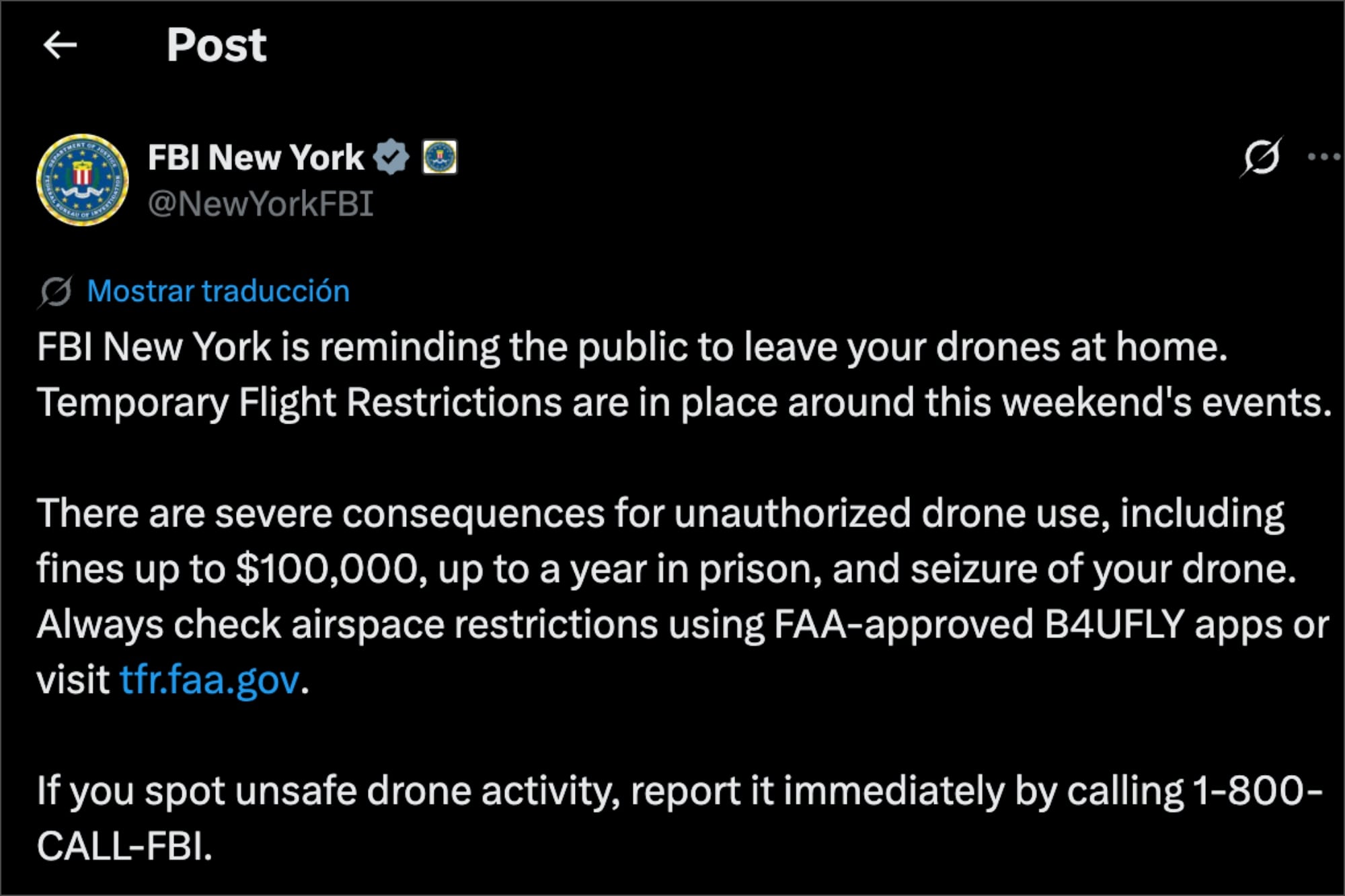 El FBI anunció que regirá una restricción temporal para el uso de drones en Nueva York durante este fin de semana