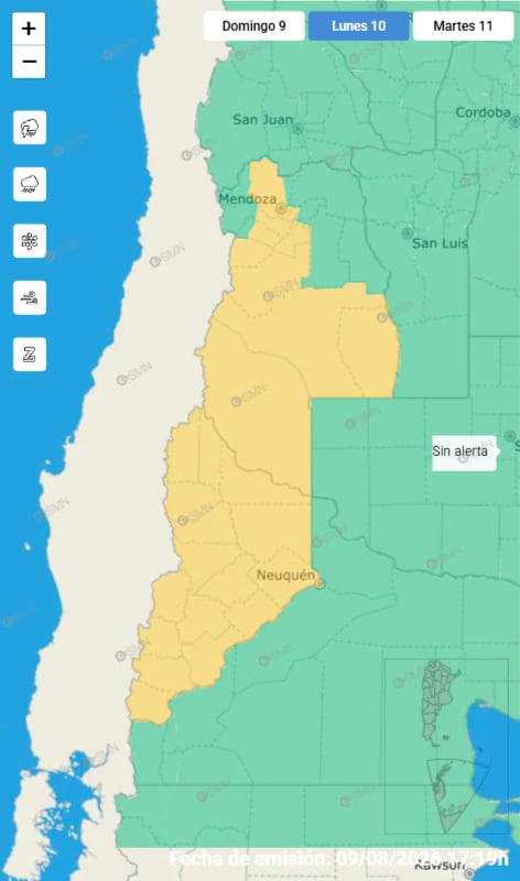 Las alertas emitidas por el SMN para este lunes 10 de agosto