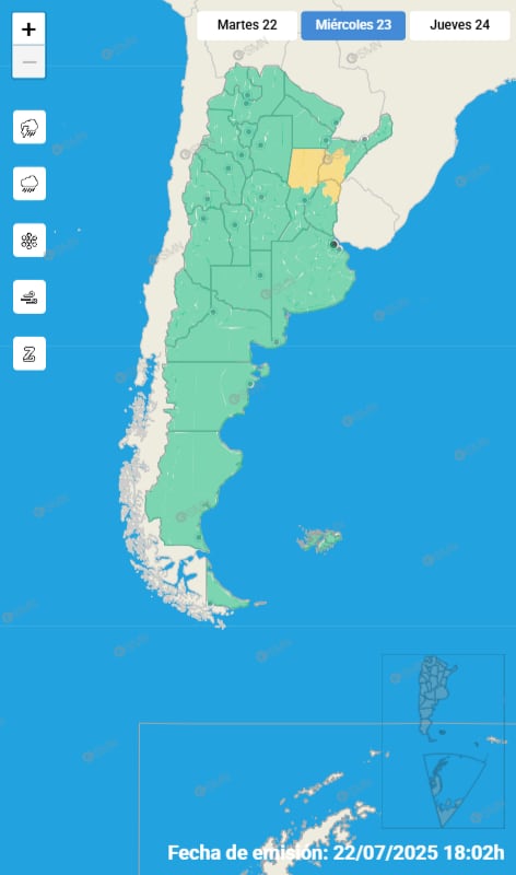 Las alertas emitidas por el SMN para este miércoles 23 de julio.