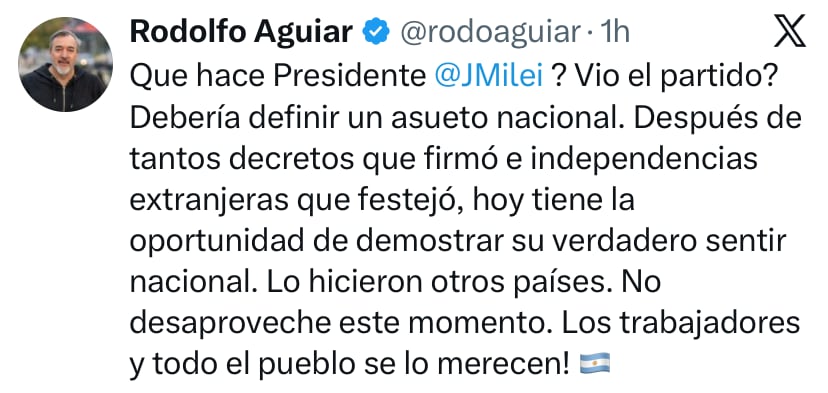 El posteo de Rodolfo Aguiar, secretario general de ATE