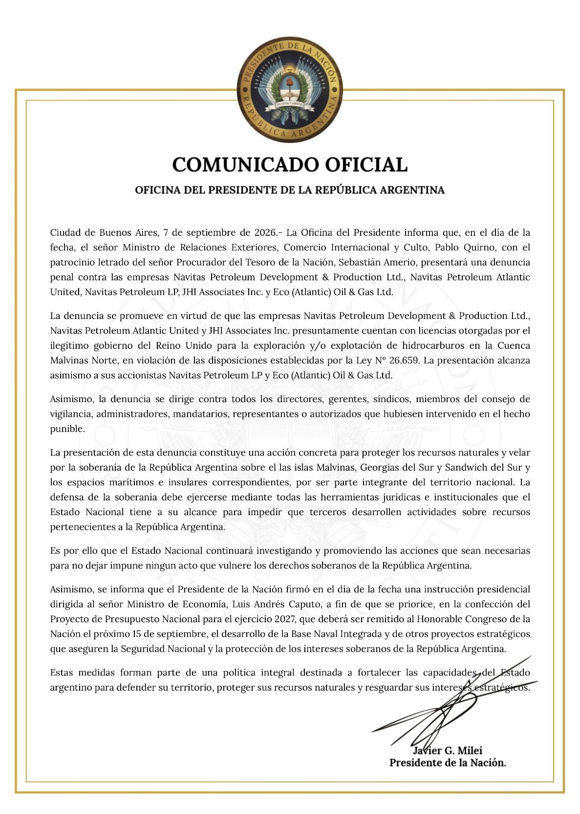 La Oficina del Presidente publicó un comunicado en el que se indica que Pablo Quirno denunciará penalmente a Navitas