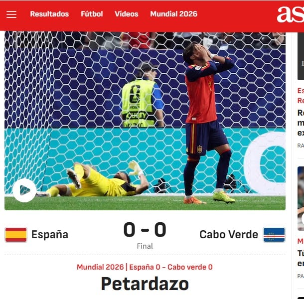 Resonante portada de Diario As por el empate sin goles entre España y Cabo Verde