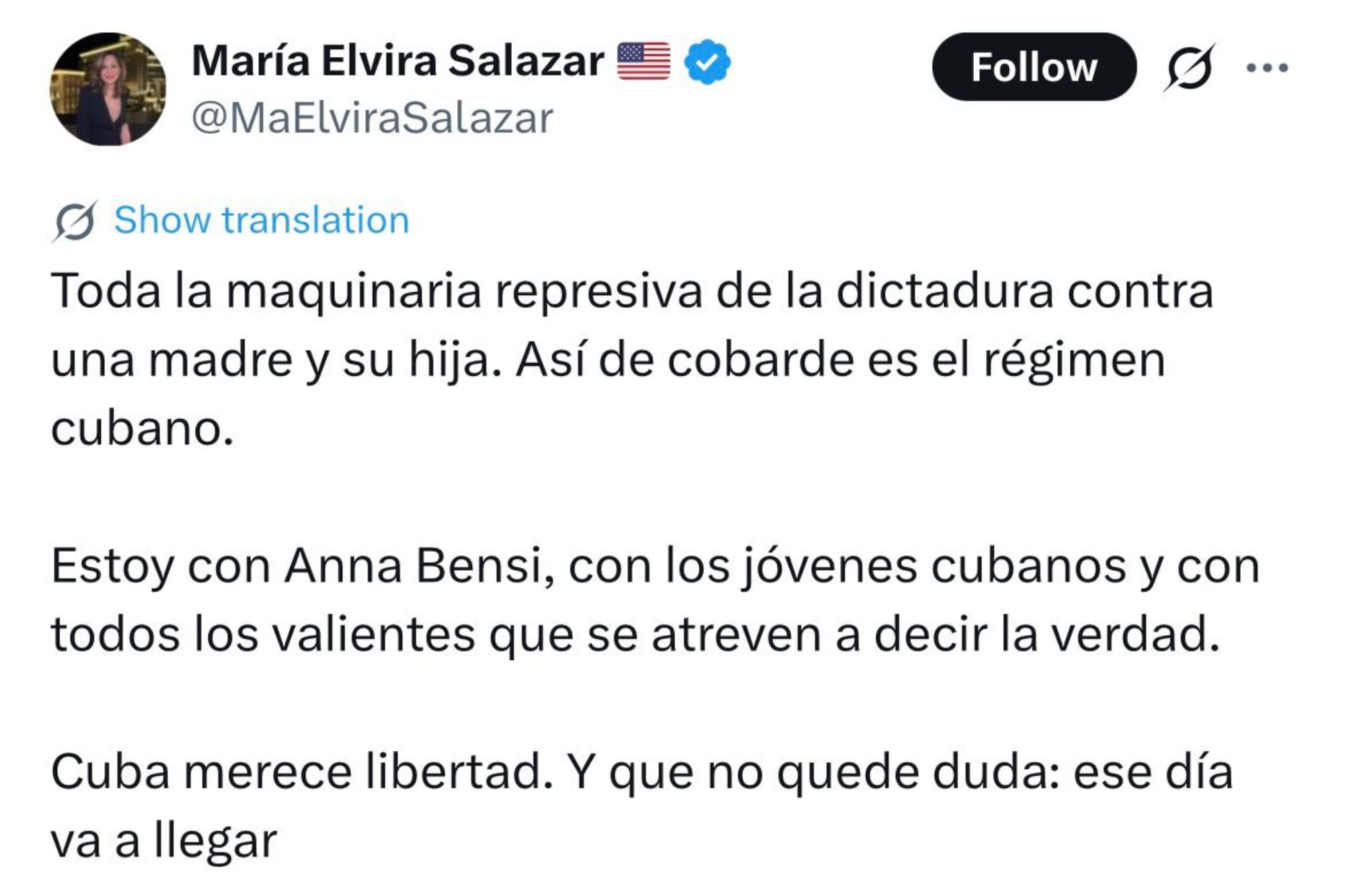 El mensaje en X de María Elvira Salazar sobre Cuba