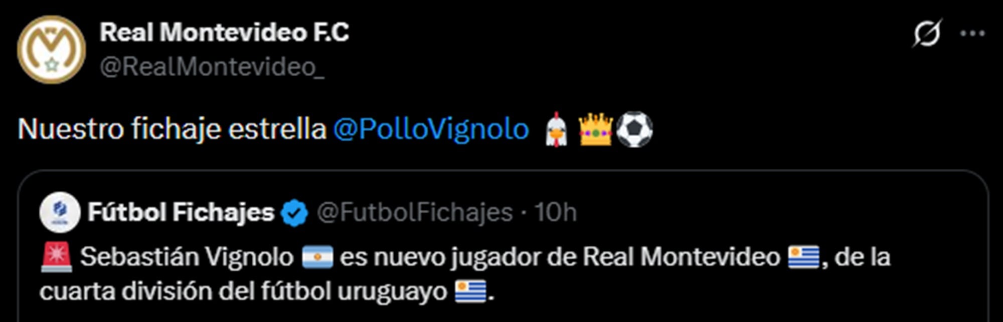 Real Montevideo rápidamente confirmó la llegada del Pollo Vignolo y lo describieron como