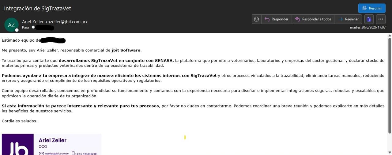 Uno de los correos que llegaron a los laboratorios y empresas del sector
