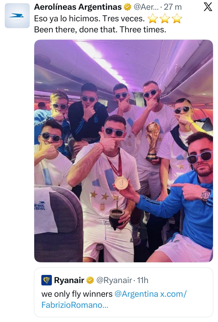 Ryanair volvió a apuntar contra la selección con una filosa chicana y Aerolíneas Argentinas respondió 7 La respuesta de Aerolíneas Argentinas