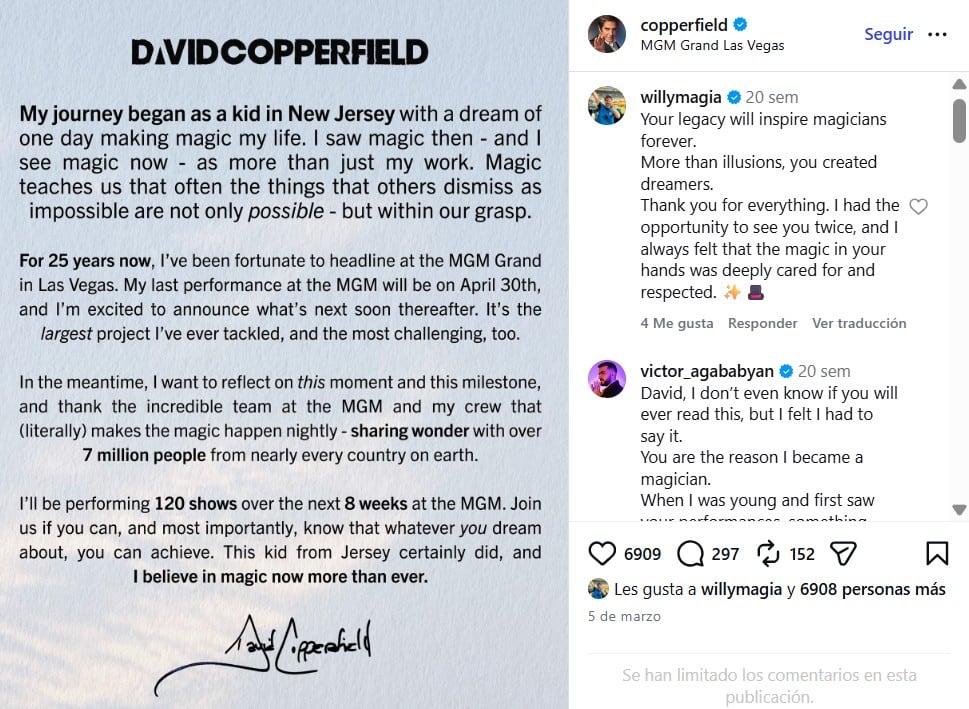 El comunicado de Copperfield donde indicó que el 30 de abril de 2026 fue su último show de magia en Las Vegas