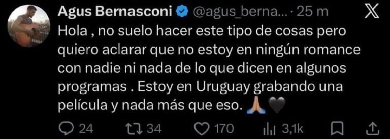 Los mensajes que publicó Agustín Bernasconi tras los rumores de roamnce con Wanda Nara (Foto: X)