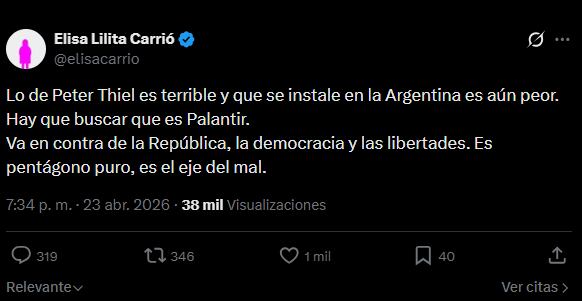 La publicación de Elisa Carrió en X
