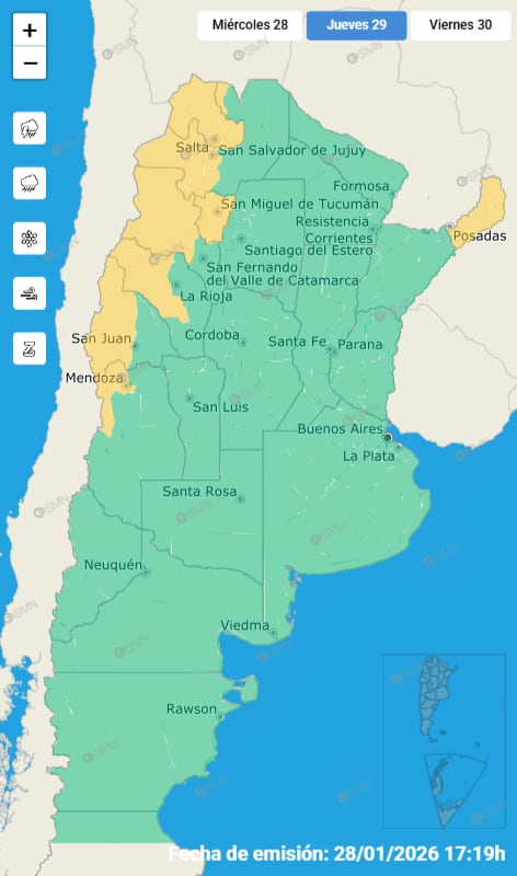 Las alertas emitidas por el SMN para este jueves 29 de enero