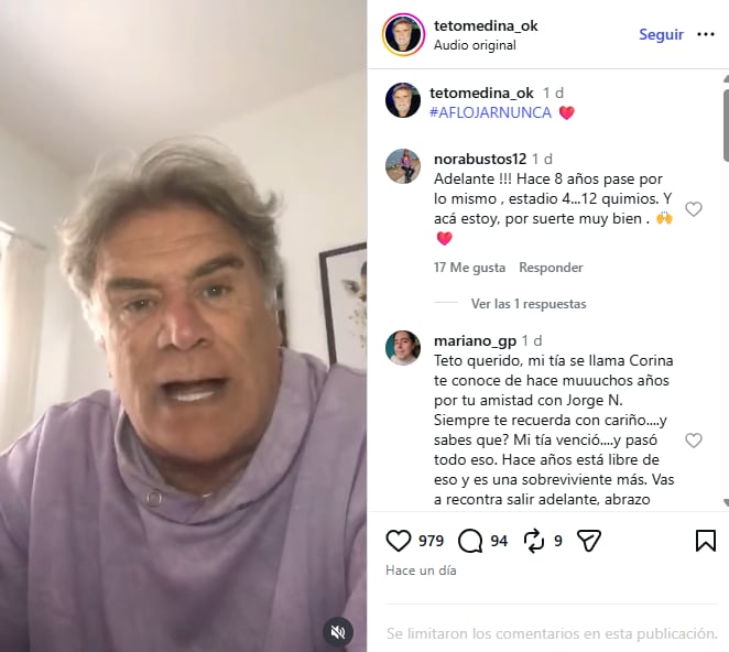 El posteo reciente de Teto Medina donde anunció cómo sigue su tratamiento contra el cáncer
