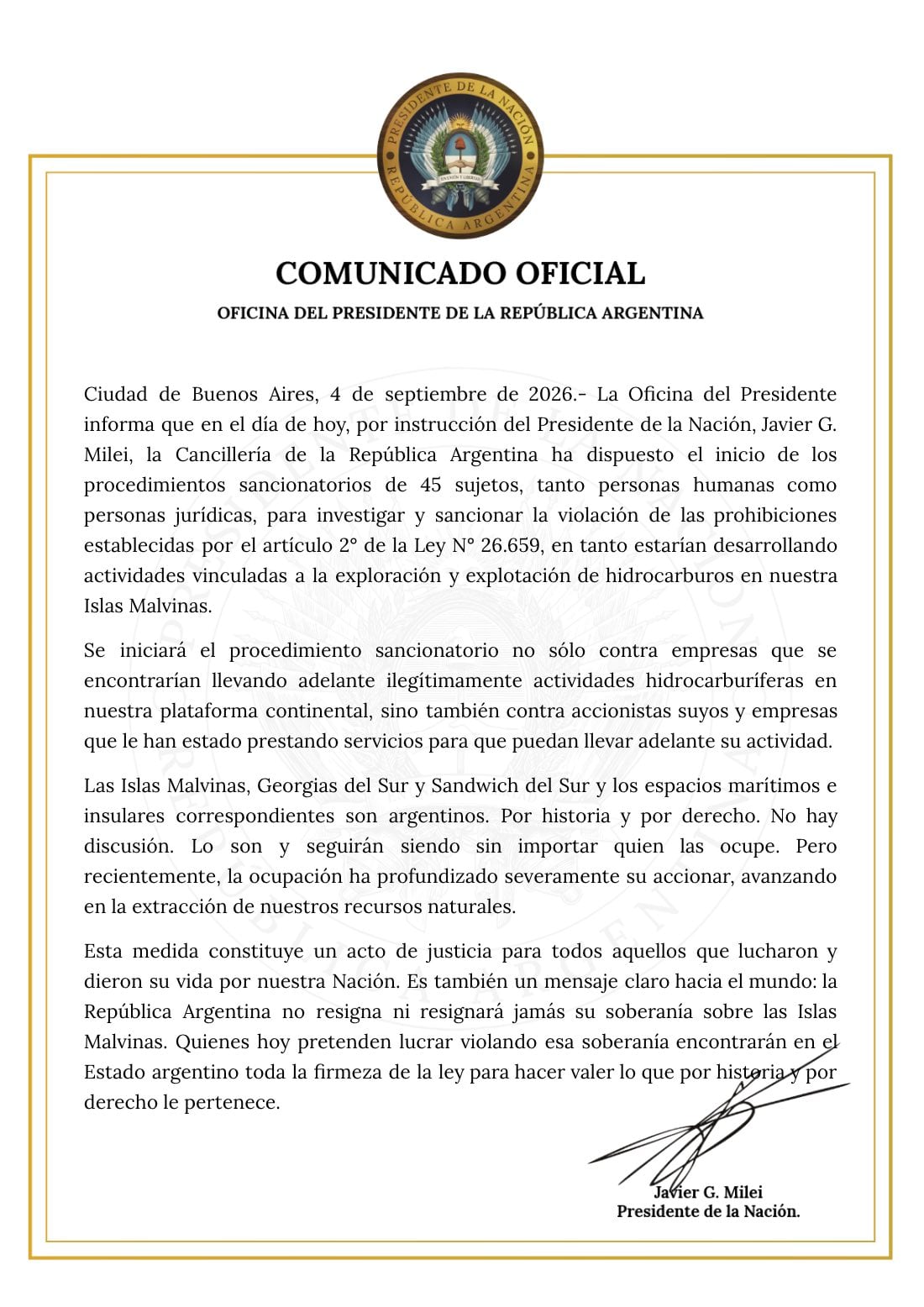 Comunicado de la Oficina del Presidente sobre el inicio del proceso sancionatorio a personas físicas y jurídicas involucradas en actividades petroleras en Malvinas