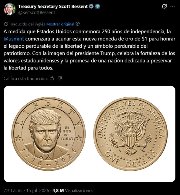 El Secretario del Tesoro anunció la acuñación de monedas con el rostro de Donald Trump