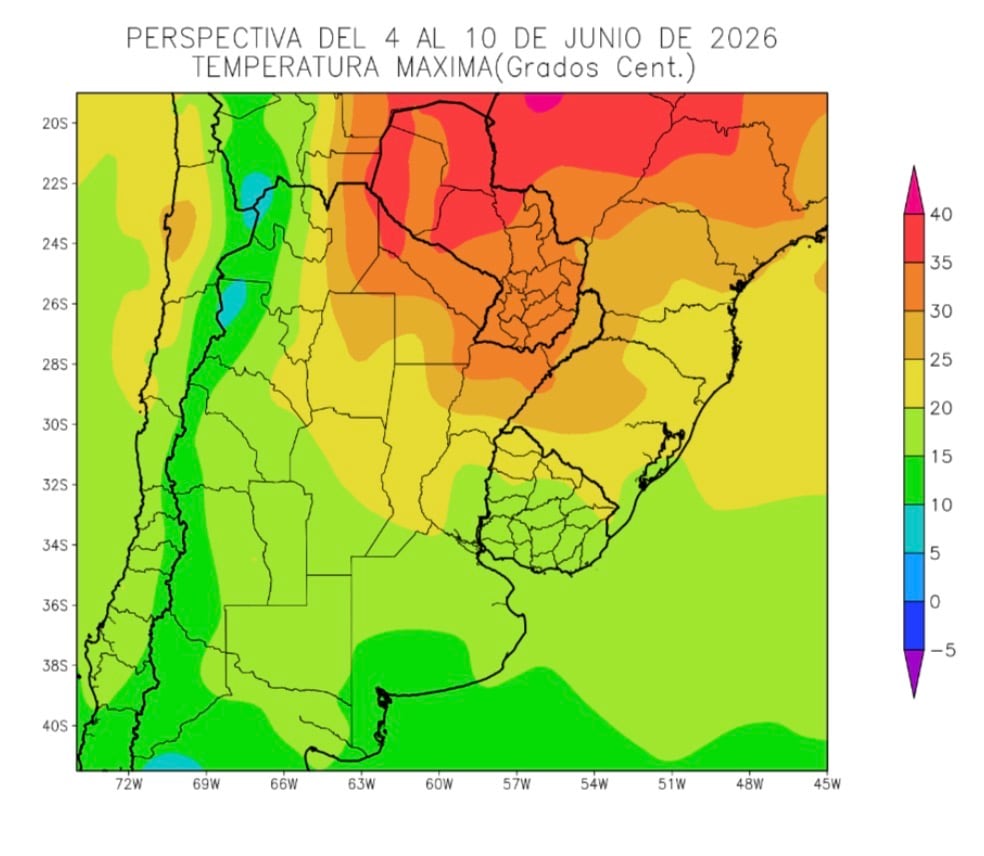 “Un frente muy vigoroso”: un informe anticipa el impacto de una próxima tormenta 6 La Bolsa de Cereales prevé temperaturas elevadas sobre el norte del área agrícola durante la primera semana de junio, con máximas que podrían superar los 25°C en algunas zonas, mientras que el centro y el sur observarán registros más moderados