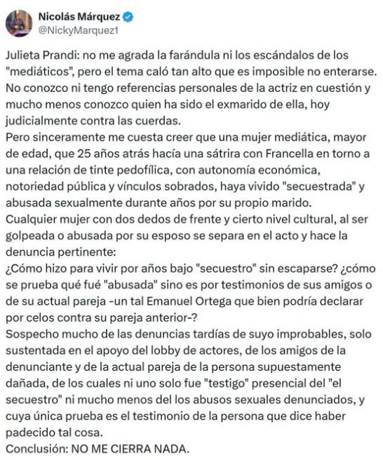 El tuit que escribió Nicolás Márquez y que después borró