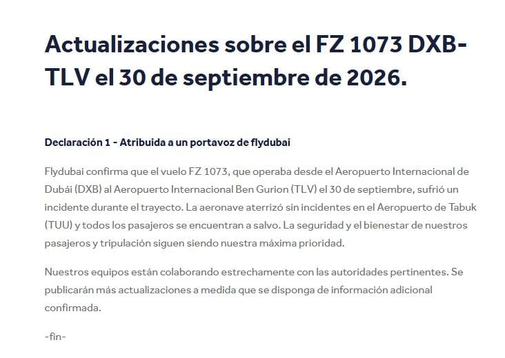 El comunicado de Flydubai tras el incidente con un avión este miércoles.