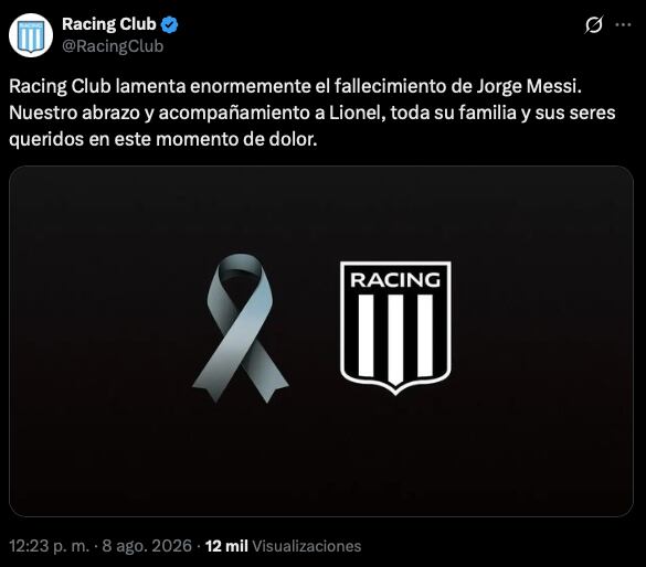 El comunicado de Racing Club en redes sociales tras conocerse la noticia